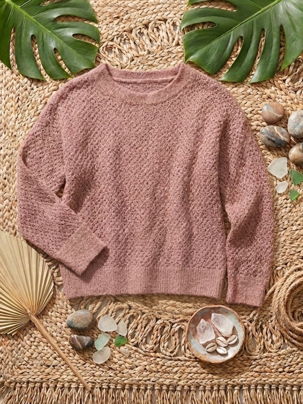 HOLLISTER Women’s Open-Stitch Pointelle Crewneck Sweater Dusty Rose Mauve